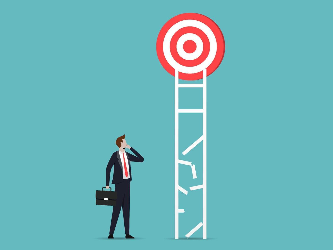 zakenman kijken Bij de ladder en denken naar bereiken de doelwit. bedrijf hindernis en vind het beste oplossing vector