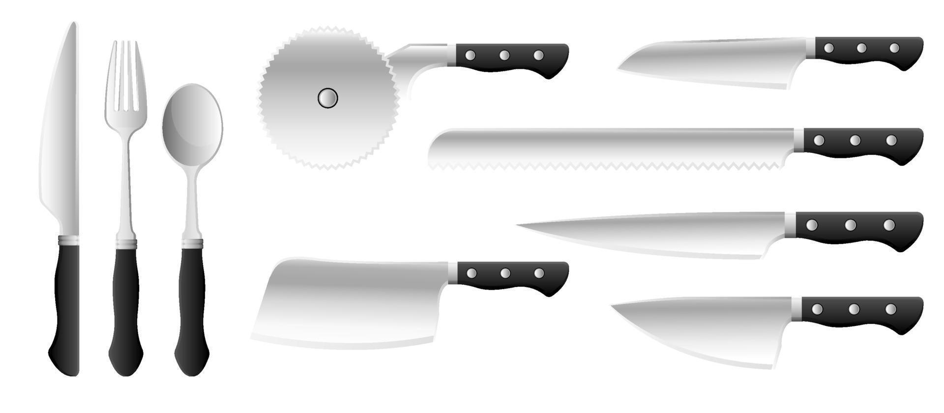 verzameling reeks van keukengerei gereedschap mes pizza snijder lepel vork vector