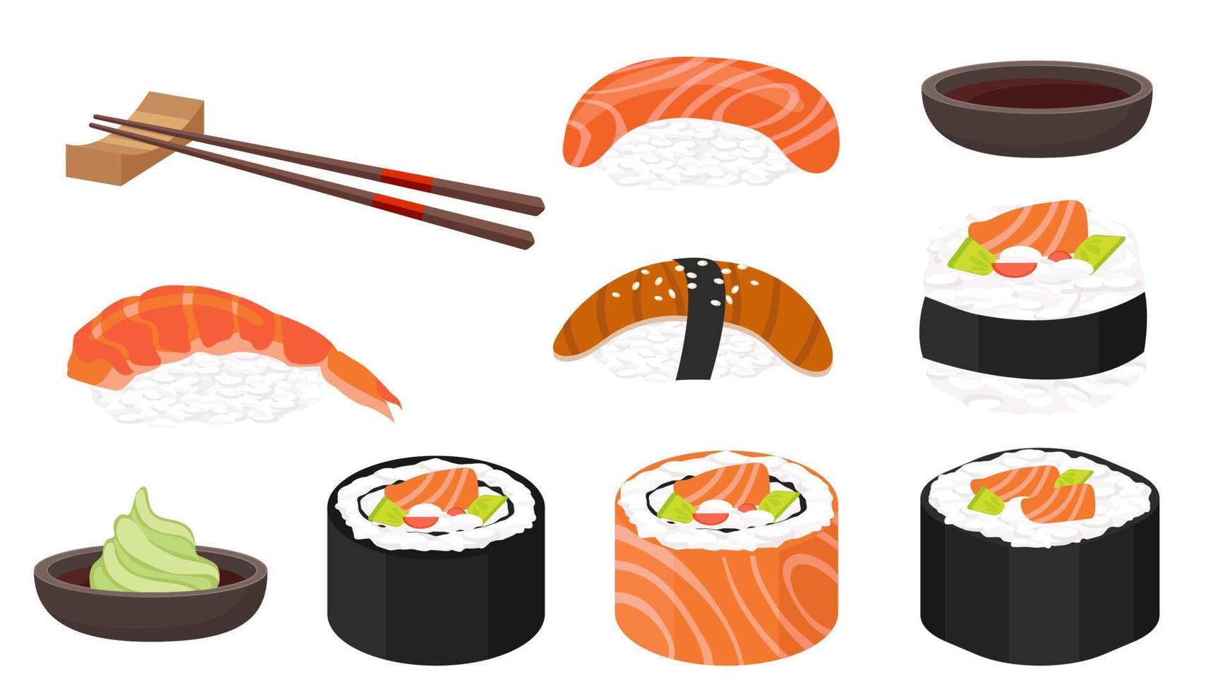 verzameling reeks van tekenfilm voedsel Japans sushi vector