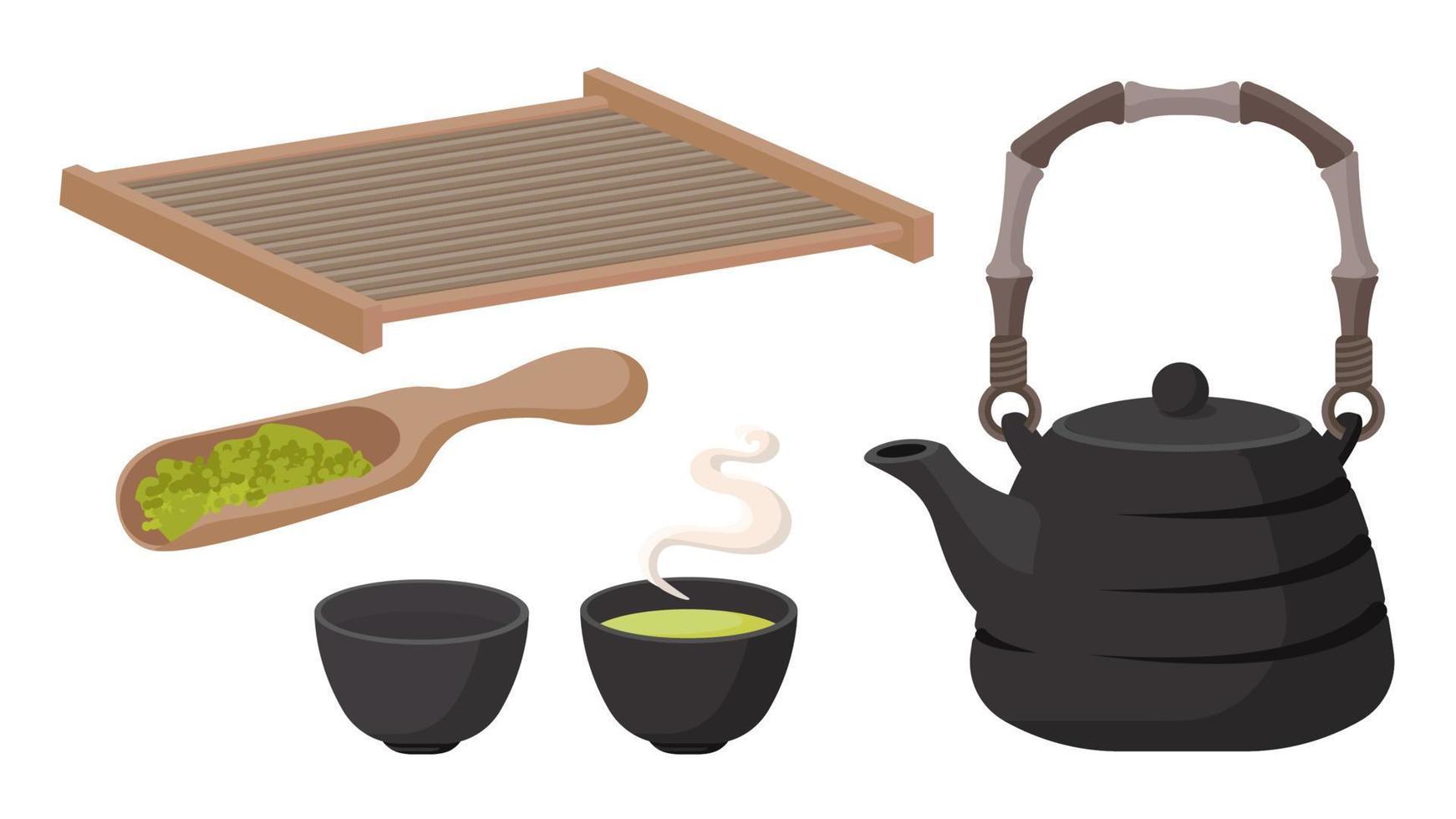 verzameling van traditioneel thee reeks theepot kop bamboe bord thee lepel vector