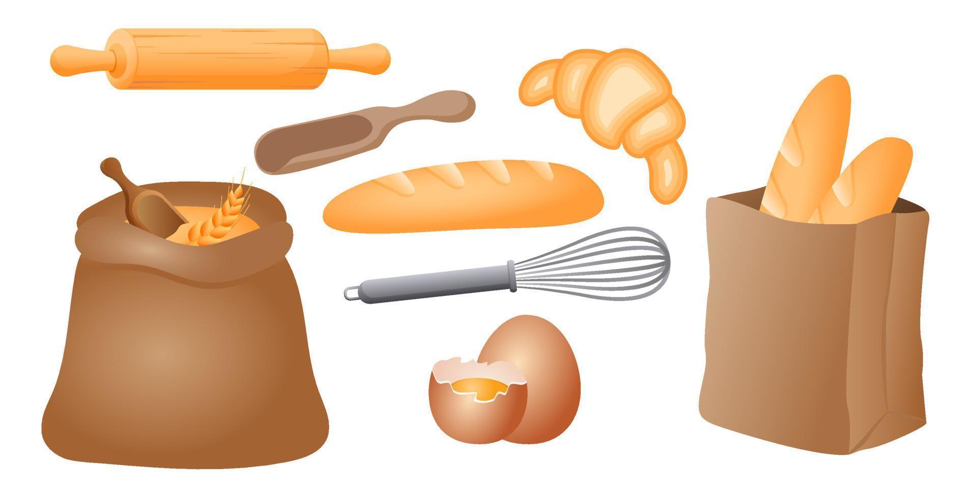 verzameling reeks van tarwe brood voorwerp croissant brood stok houten rollend pin ei klopper vector