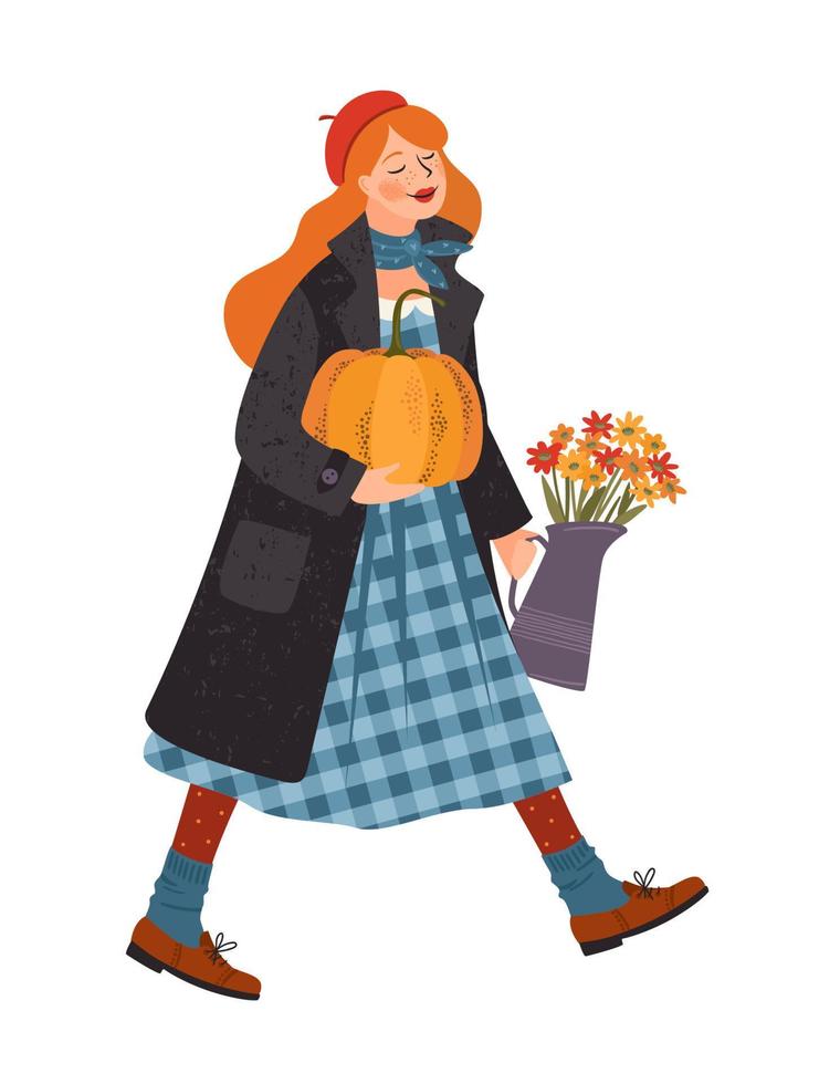 gelukkig dankzegging geïsoleerd illustratie. schattig dame met pompoen en bloemen. vector ontwerp voor kaart, poster, folder, web en andere gebruik