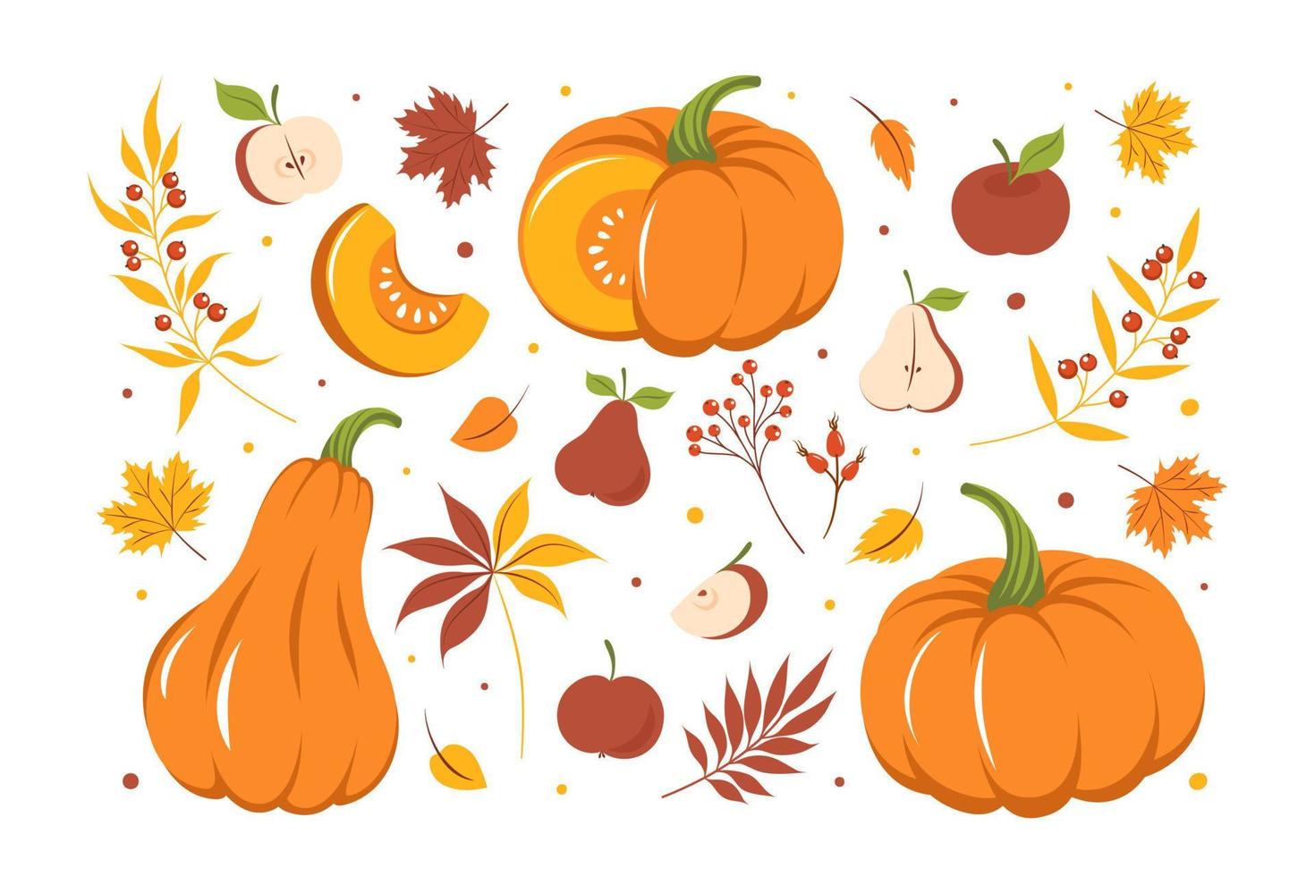 reeks met pompoen, herfst kleurrijk bladeren en fruit. kaart ontwerp gelukkig dankzegging. vector illustratie