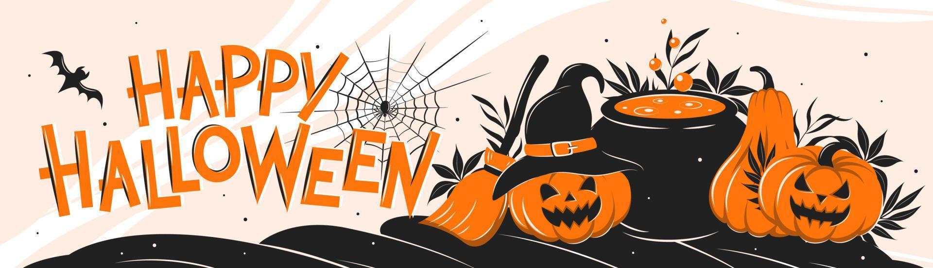 gelukkig halloween belettering. samenstelling met pompoenen, vat van toverdrank en bezem.vector illustratie voor poster, groet kaart, partij uitnodiging vector