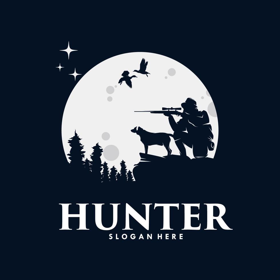 silhouet van een jager met jacht- geweer- en hond vector