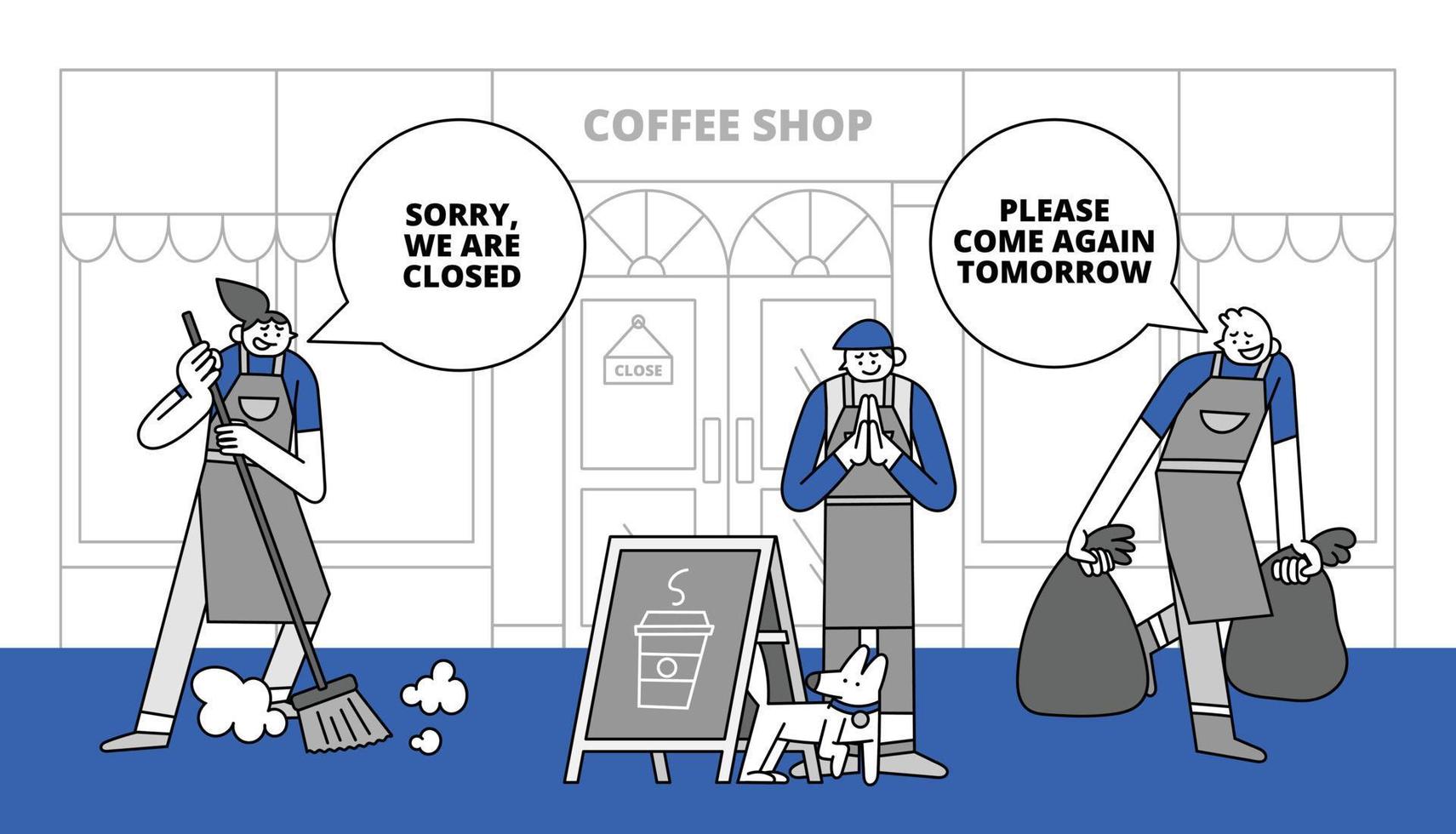 dichtbij koffie winkel hand- getrokken karakter illustratie vector