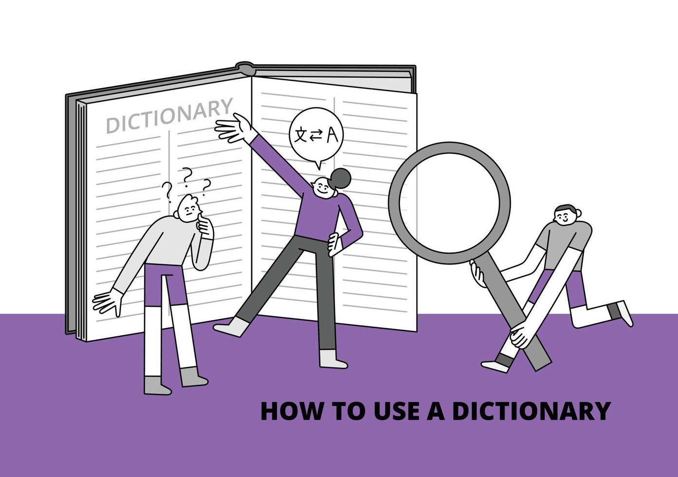 hoe naar gebruik een woordenboek hand- getrokken karakter illustratie vector