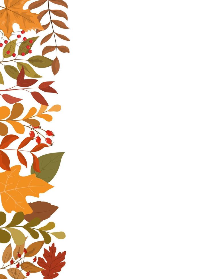 herfst seizoen kleuren Woud bladeren en bessen links kant grens kader. seizoensgebonden levendig kleuren gebladerte, bessen. ontwerp voor dankzegging dag partij, oogst vakantie. geïsoleerd Aan wit achtergrond. vector