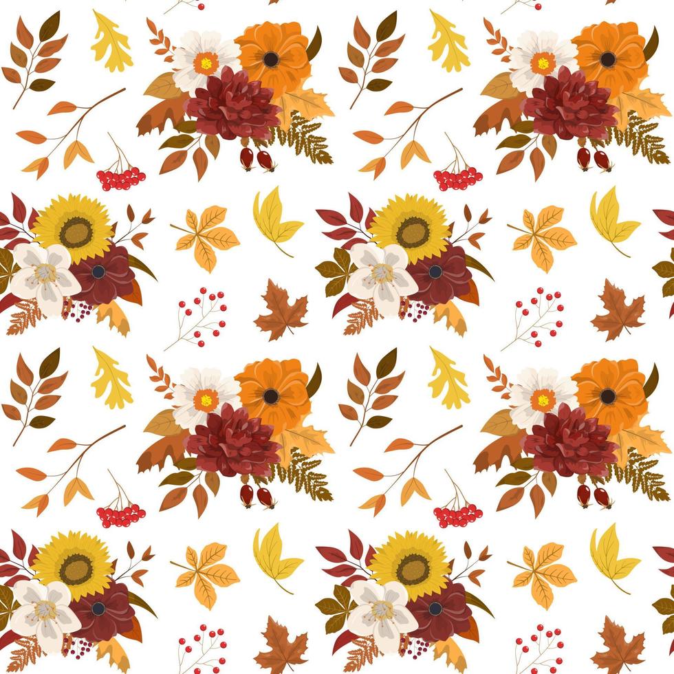 herfst kleuren bloemen regelingen naadloos patroon met bordeaux, oranje, geel bloemen en droog Woud bladeren. geïsoleerd Aan wit achtergrond. vallen seizoen behang. vector