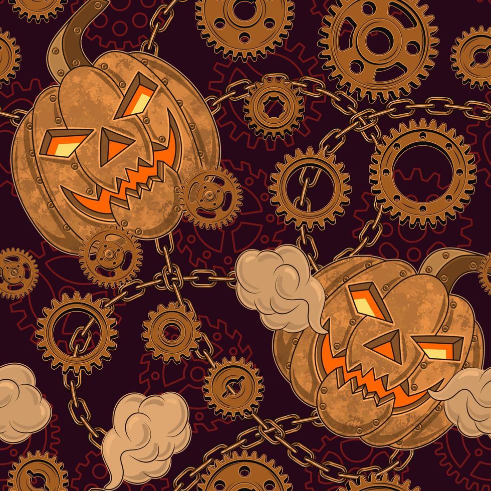 naadloos halloween patroon in steampunk stijl met koper halloween pompoen, roestig versnellingen, ruw kettingen. getextureerde donker rood achtergrond met contour versnellingen wielen. creatief fantasie concept. vector