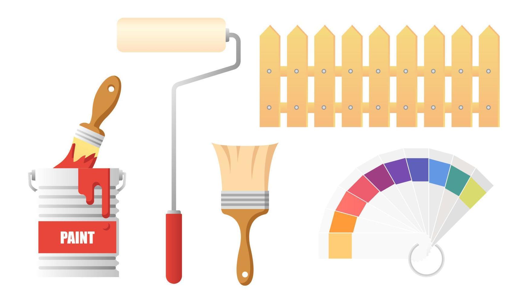 verzameling reeks van verf voorwerp schilderij borstel verf rol emmer kleur tabel vector