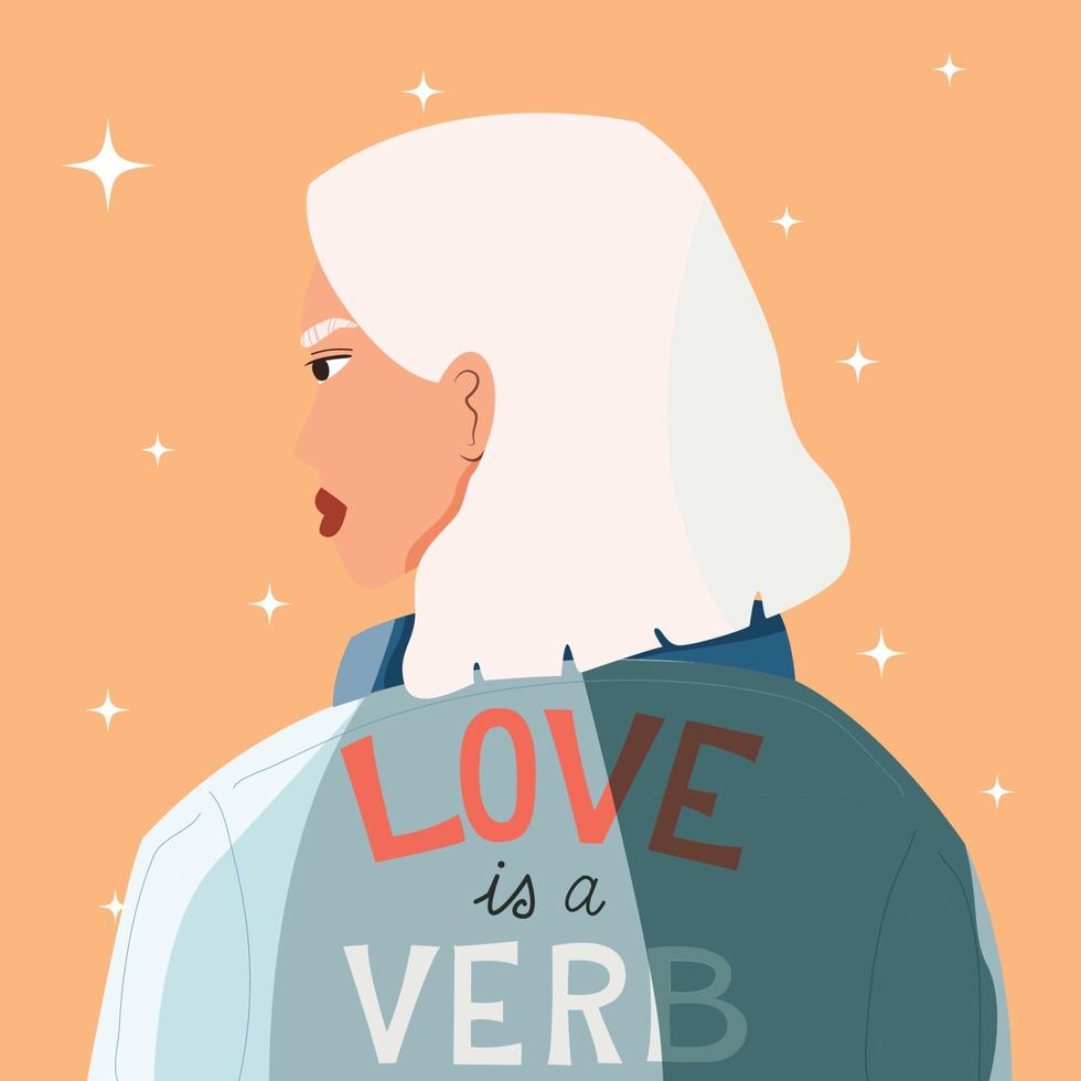 jong vrouw met wit haar- vervelend een denim jasje met opschrift liefde is een werkwoord. zelfverzekerd meisje Aan oranje achtergrond. kleurrijk illustratie. vector