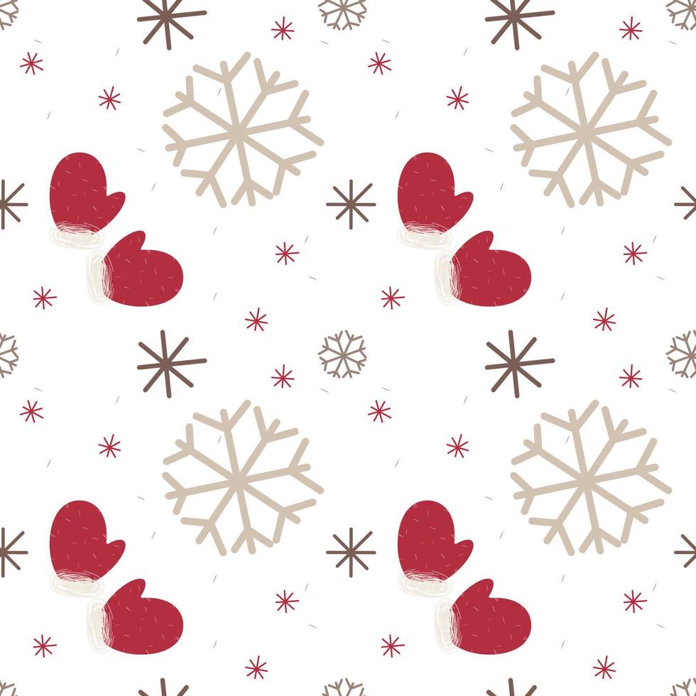 Kerstmis patroon. naadloos vector rood wanten en beige sneeuwvlokken. groot en klein getrokken sneeuwvlokken. naadloos vakantie afdrukken patroon voor Kerstmis cadeaus of kleding stof.