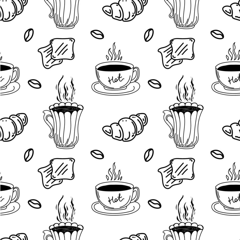 een naadloos patroon van koffie kopjes, croissants, geroosterd brood en koffie bonen, hand getekend tekening elementen. hand getekend inscripties. Turks koffie. ochtend- ontbijt vector