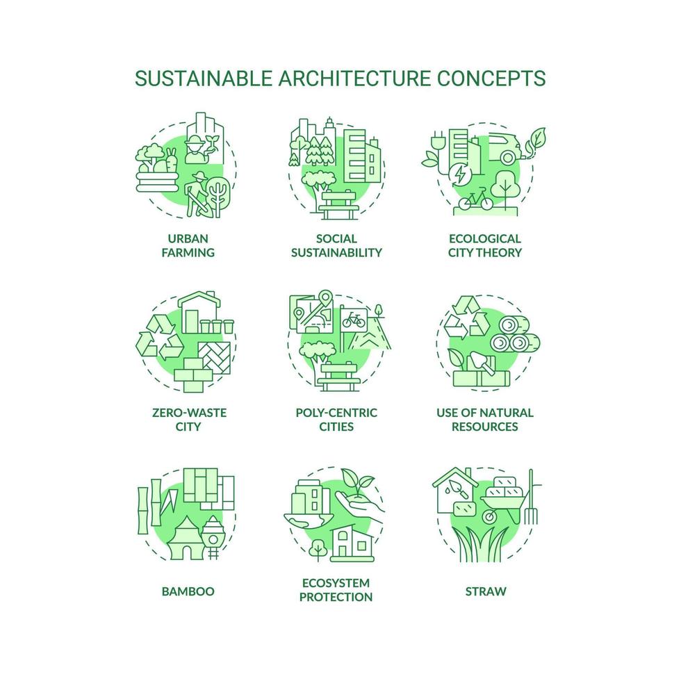 duurzame architectuur groen concept pictogrammen set. ecologisch stad theorie idee dun lijn kleur illustraties. geïsoleerd symbolen. bewerkbare hartinfarct. vector