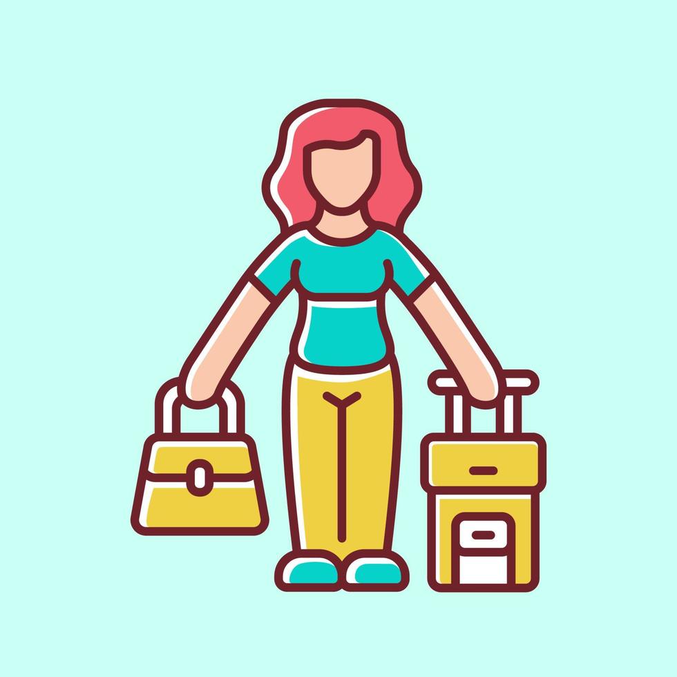 immigrant vrouw geel kleur icoon. reiziger, vakantieganger, passagier met handtas en koffer. op reis Buitenland. toerist reis. immigratie. vakantie, toerisme. geïsoleerd vector illustratie