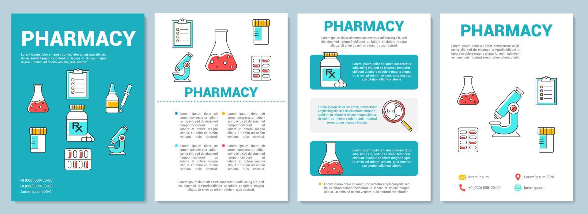 geneeskunde productie industrie sjabloon indeling. apotheek Onderzoek. folder, boekje, brochure afdrukken ontwerp met lineair illustraties. vector bladzijde indelingen voor tijdschriften, jaar- rapporten, reclame posters