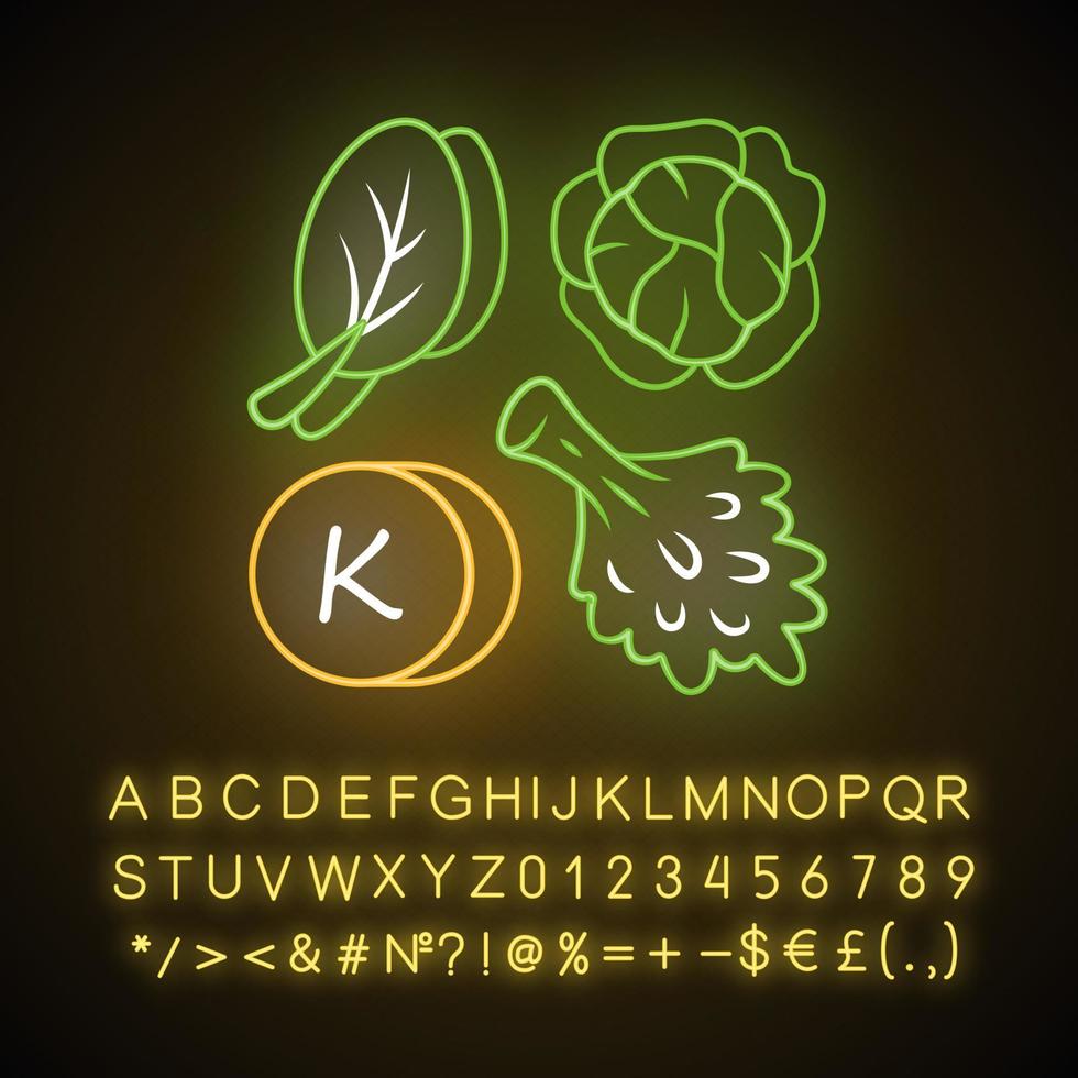 vitamine k neon licht icoon. eetbaar Groenen en kool. gezond voedsel. mineralen, antioxidanten natuurlijk bron. gepast voeding. gloeiend teken met alfabet, nummers, symbolen. vector geïsoleerd illustratie