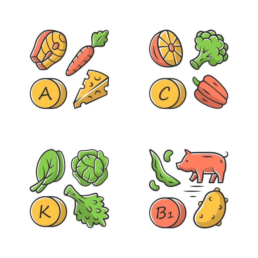 vitamines kleur pictogrammen set. a, c, b1, k vitamines natuurlijk voedsel bron. groenten, eetbaar groenen, zuivel producten. gepast voeding. mineralen, antioxidanten. geïsoleerd vector illustraties