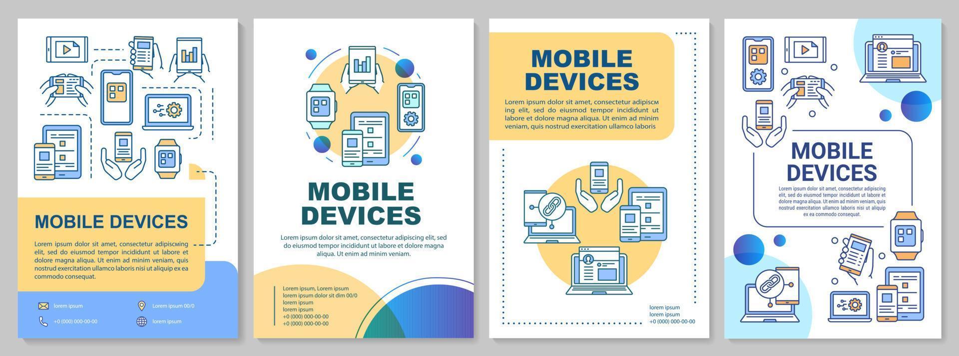 mobiel apparaten brochure sjabloon. draadloze technologie. folder, boekje, brochure afdrukken, Hoes ontwerp, lineair illustraties. vector bladzijde indelingen voor tijdschriften, jaar- rapporten, reclame posters