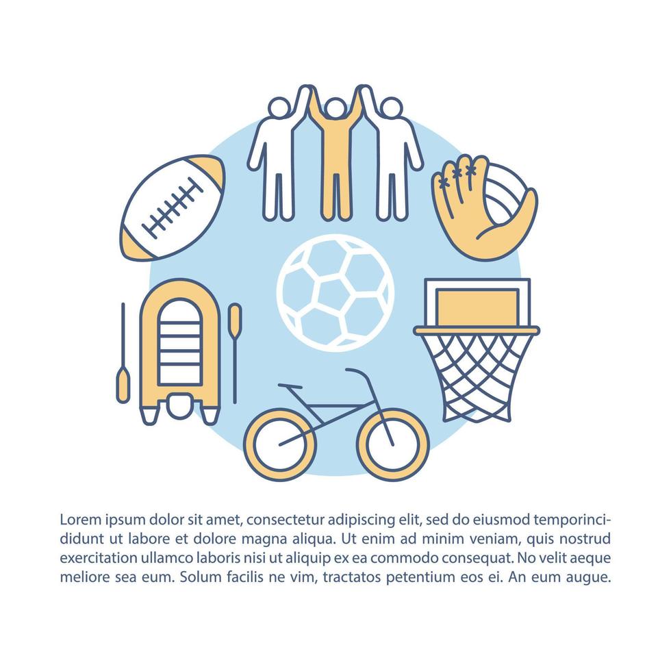 sport, spel en werkzaamheid kamp artikel bladzijde vector sjabloon. brochure, tijdschrift, boekje ontwerp element met lineair pictogrammen en tekst dozen. afdrukken ontwerp. concept illustraties met tekst ruimte ..