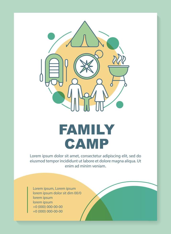 familie camping, wandelen Woud reis brochure sjabloon indeling. folder, boekje, brochure afdrukken ontwerp met lineair illustraties. vector bladzijde indelingen voor tijdschriften, jaar- rapporten, reclame posters