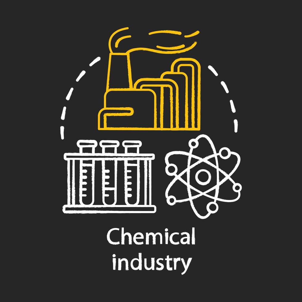 chemisch industrie krijt concept icoon. industrieel Chemicaliën produceren. plant, test buizen, molecuul. synthetisch materiaal productie idee. vector geïsoleerd schoolbord illustratie