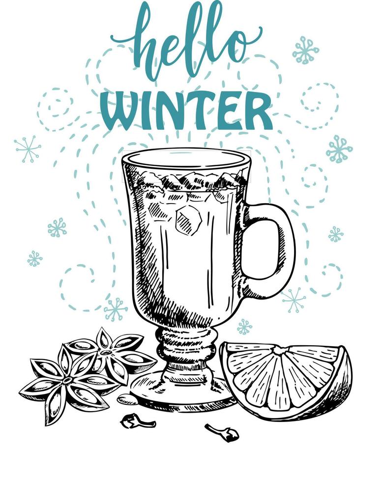 Hallo winter hand- getrokken opwarming dranken. schetsen van winter drankjes vector
