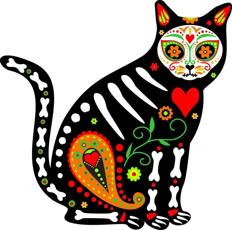 dag van de dood, dia de los muertos, dier schedel en skelet versierd met kleurrijk Mexicaans elementen en bloemen. feest, halloween, vakantie poster, partij vector