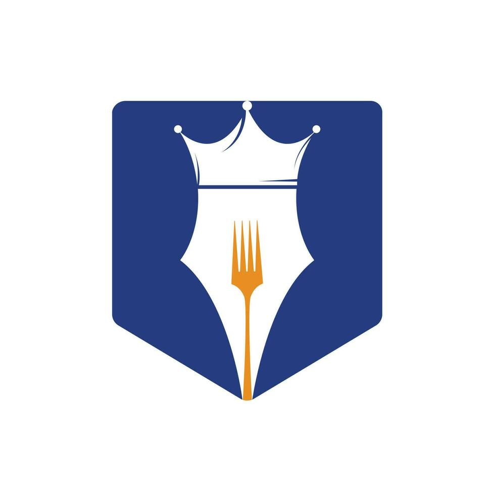 voedsel en restaurants logo ontwerp concept. pen met kroon en vork vector icoon ontwerp.