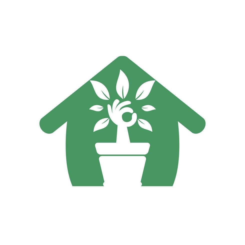 ecologisch tuin huis vector logo ontwerp. hand- boom met bloem pot icoon ontwerp.