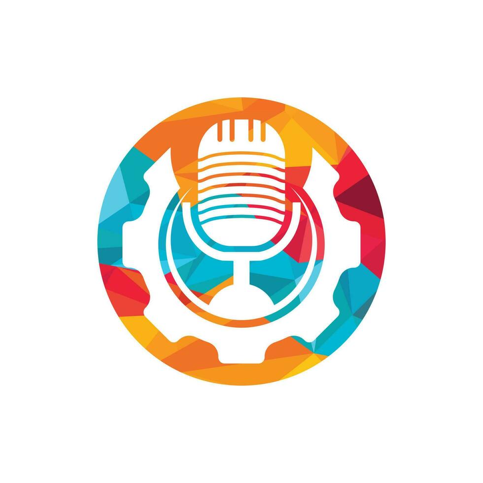 uitrusting podcast vector logo ontwerp sjabloon. tand wiel en mic icoon ontwerp.