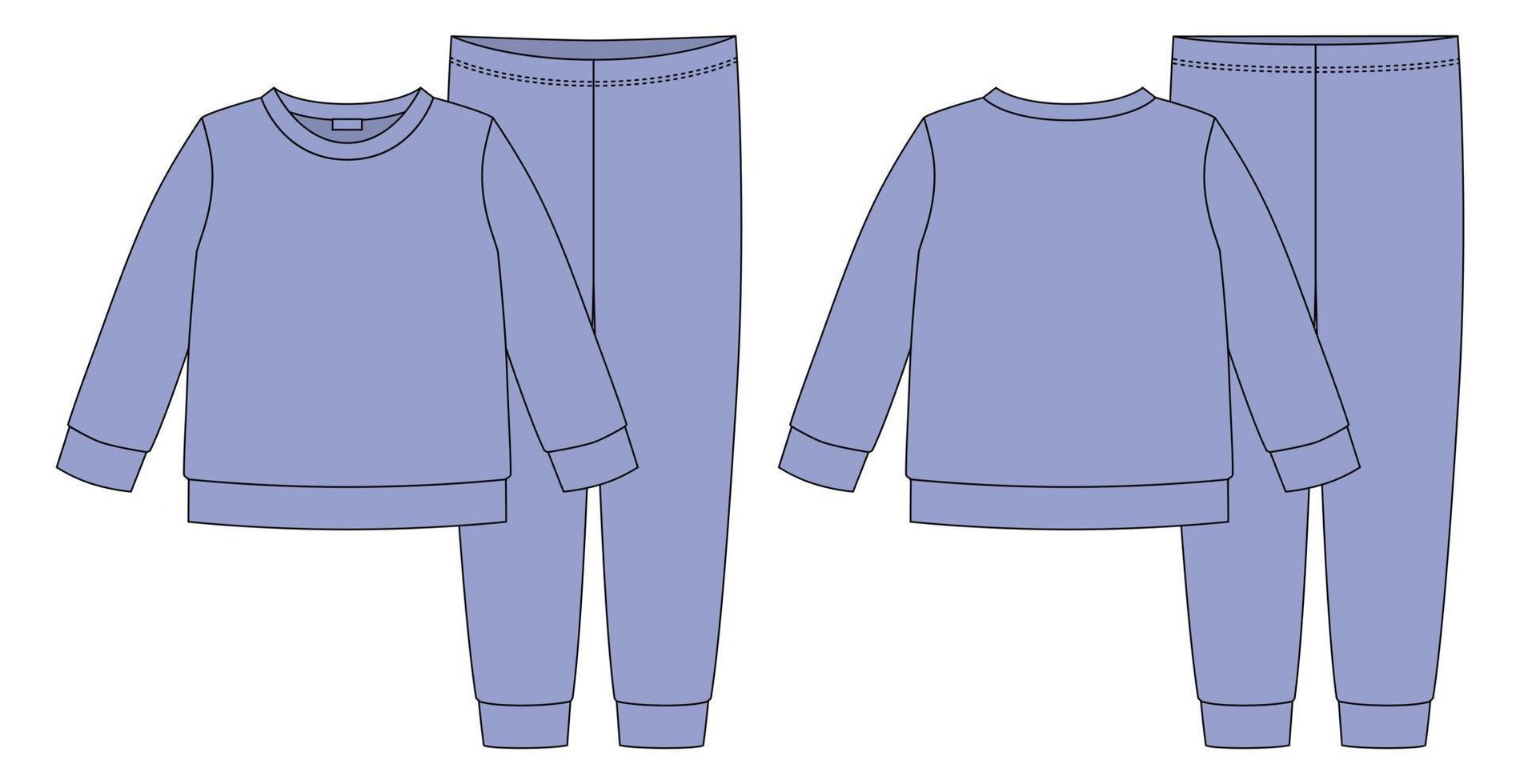 kleding pyjama technisch schetsen. paars kleur. kinderen katoen sweater en broek. vector