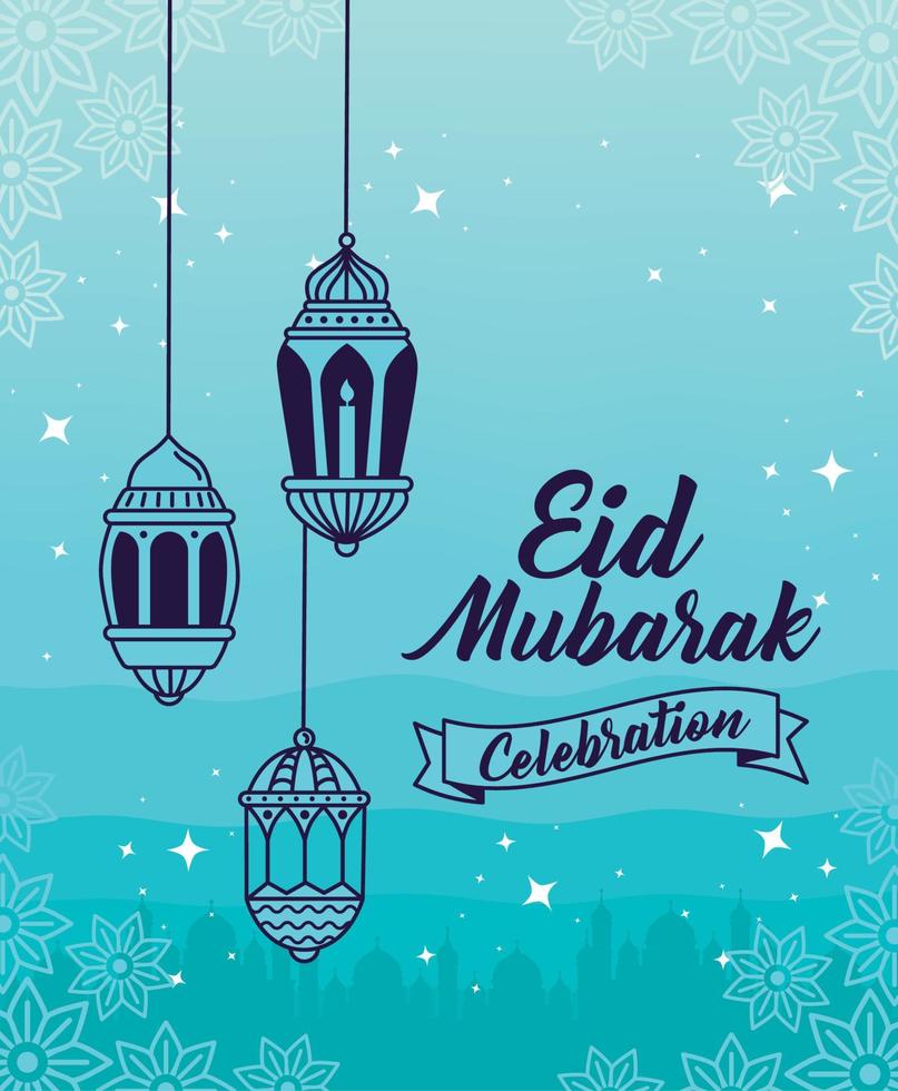 eid mubarak belettering en lampen vector