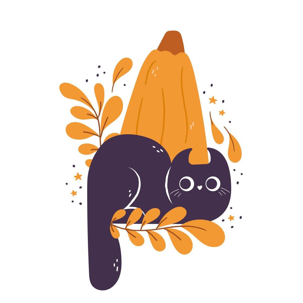 katten en pompoenen kaart met tekenfilm tekening tekens met bladeren en bloemen. geïsoleerd vector samenstelling voor herfst val, agrarisch oogst, dankzegging of halloween ontwerpen