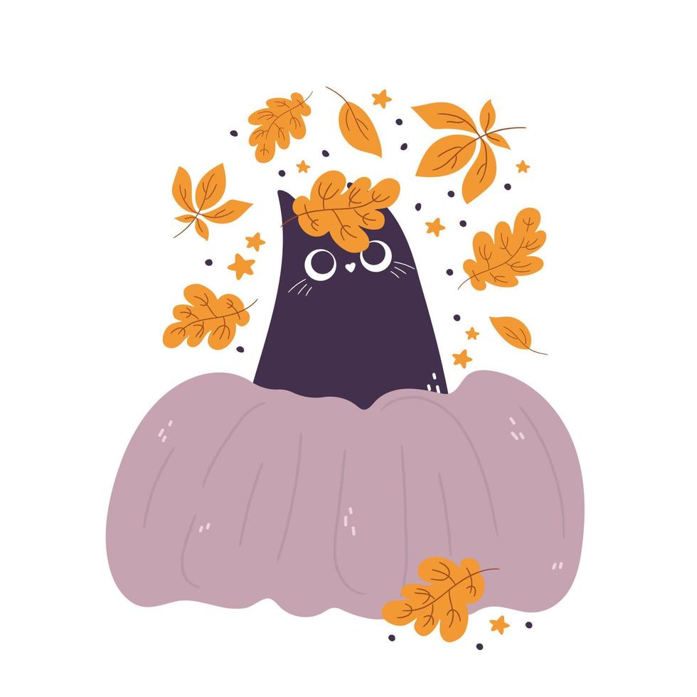 katten en pompoenen kaart met tekenfilm tekening tekens met bladeren en bloemen. geïsoleerd vector samenstelling voor herfst val, agrarisch oogst, dankzegging of halloween ontwerpen