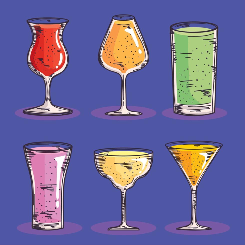 cocktails drankjes zes pictogrammen vector