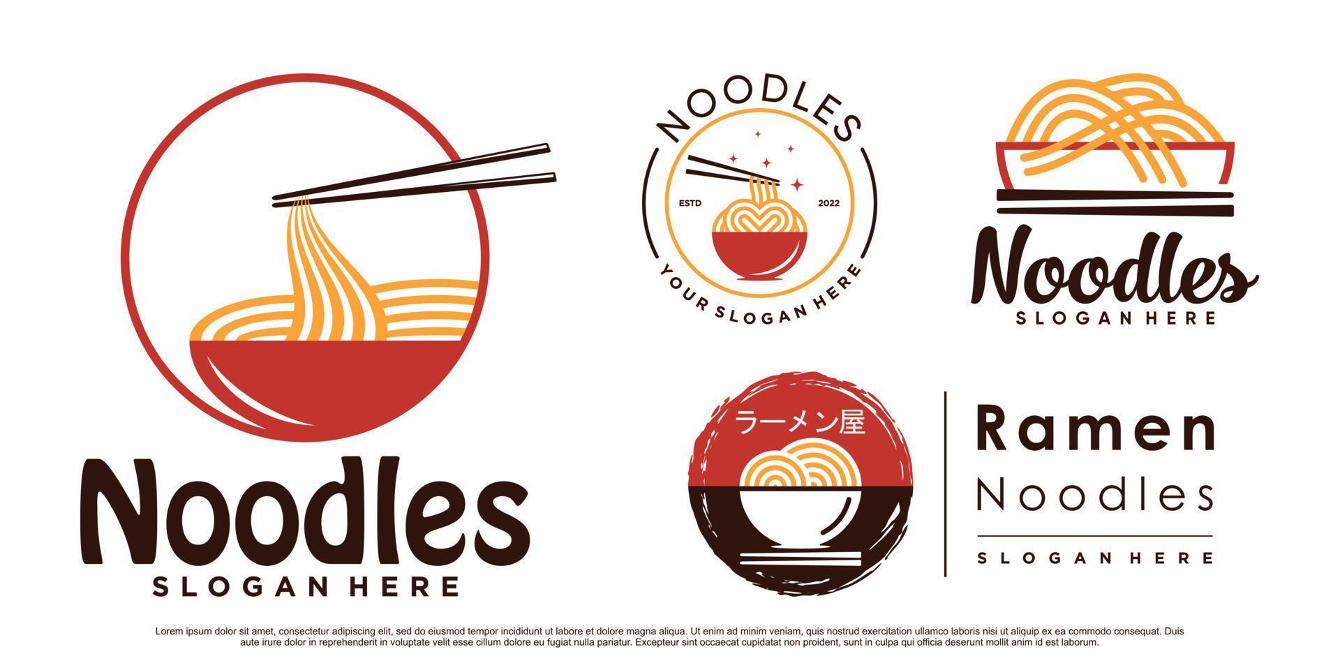 reeks van ramen noodle icoon logo ontwerp bundel met schaal, eetstokje en creatief concept premie vector