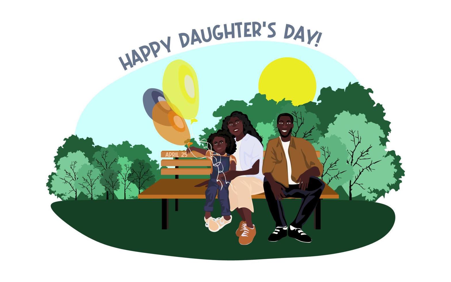 gelukkig Afrikaanse Amerikaans familie zit Aan een park bank in zonnig weer met ballonnen. familie, moeders, kinderen, vaders, zonen, dochters, broers en zussen dag viering conceptuele vector ontwerp.