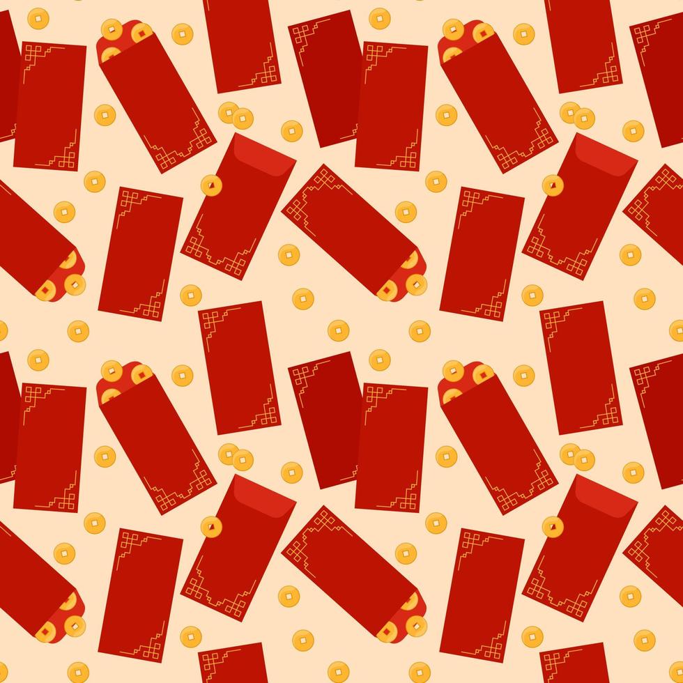 Angpao naadloos achtergrond. vector patroon met hongbao rood enveloppen. Chinese feestelijk traditioneel geschenk met munten, geld voor nieuw jaar, verjaardag, bruiloft en andere vakantie. vlak herhaling illustratie