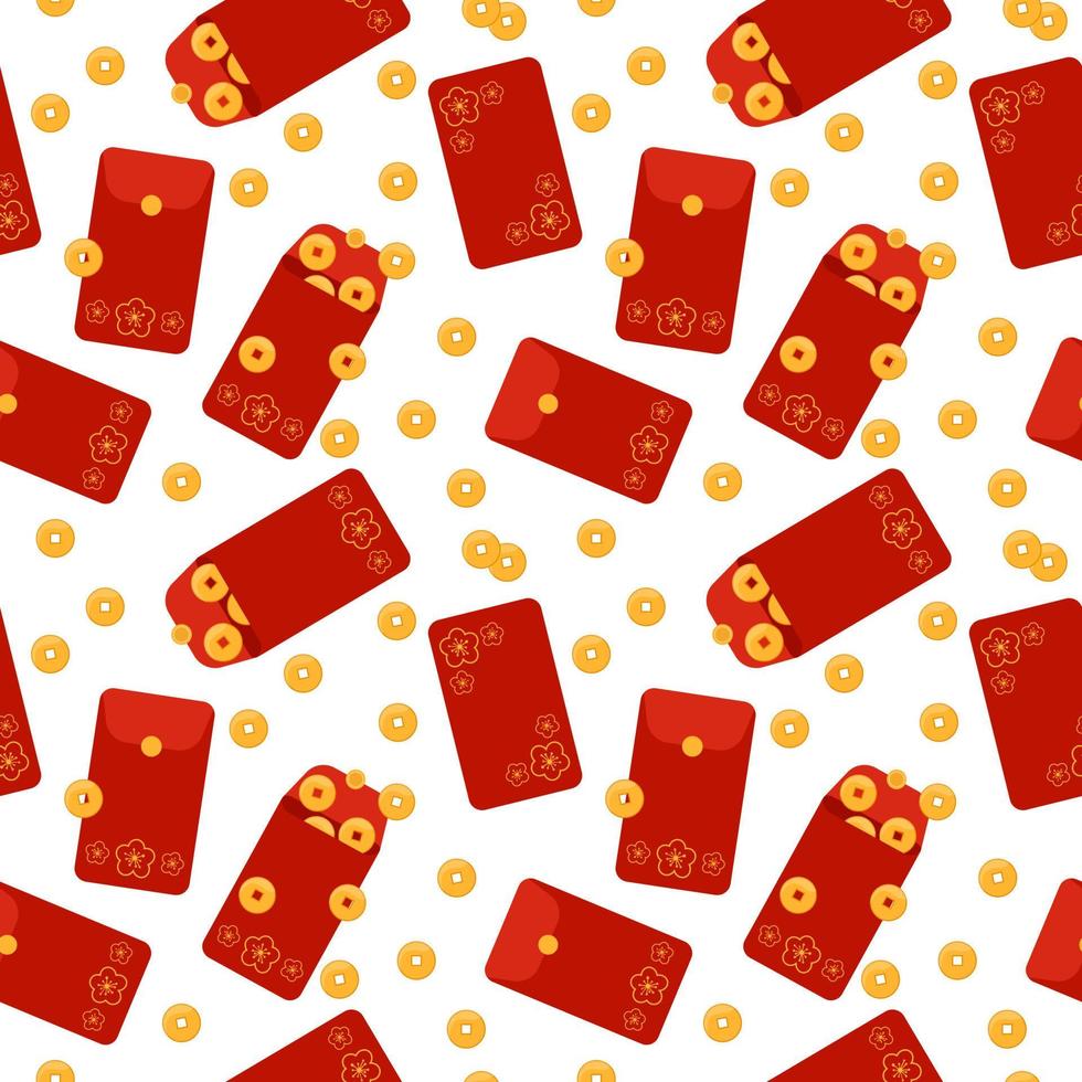 Angpao patroon. vector naadloos wit achtergrond met rood enveloppen hongbao. Chinese feestelijk traditioneel geschenk met munten, geld voor nieuw jaar, verjaardag, bruiloft en ander. vlak herhaling illustratie