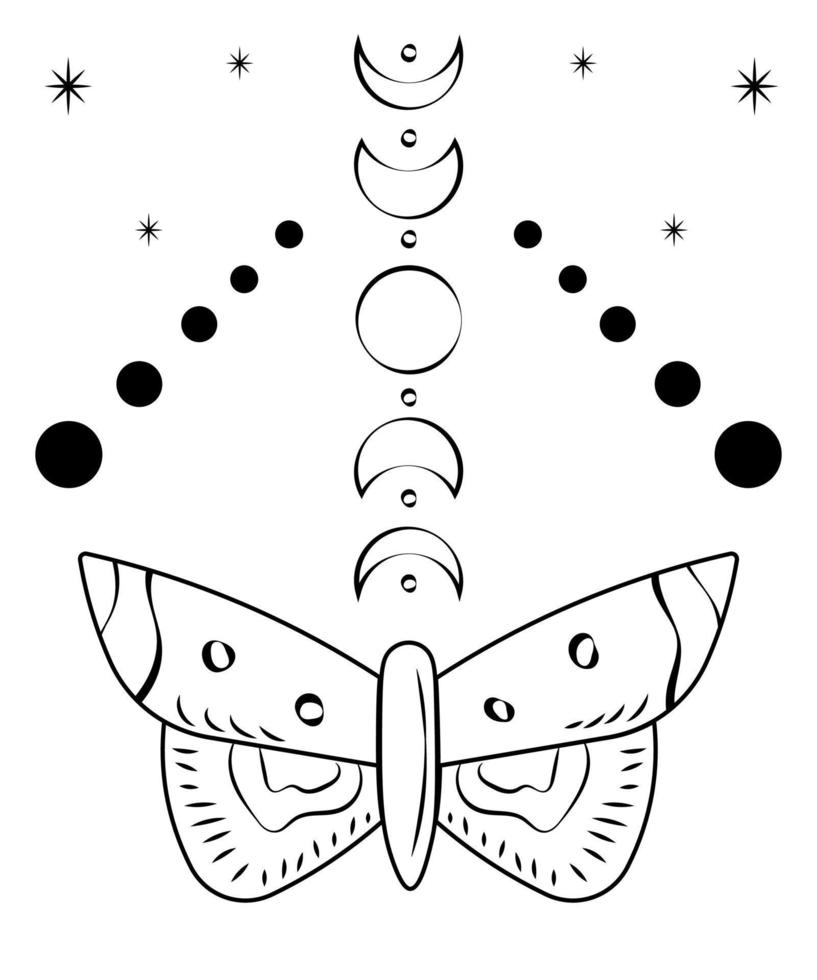 mot tatoeëren. vector zwart kunst. hemel- occult maan. esoterisch totem. minimalistische grafisch. hand- getrokken maan en sterren. mystiek magie illustratie Aan wit achtergrond. geestelijk symbolen.nacht vlinder.