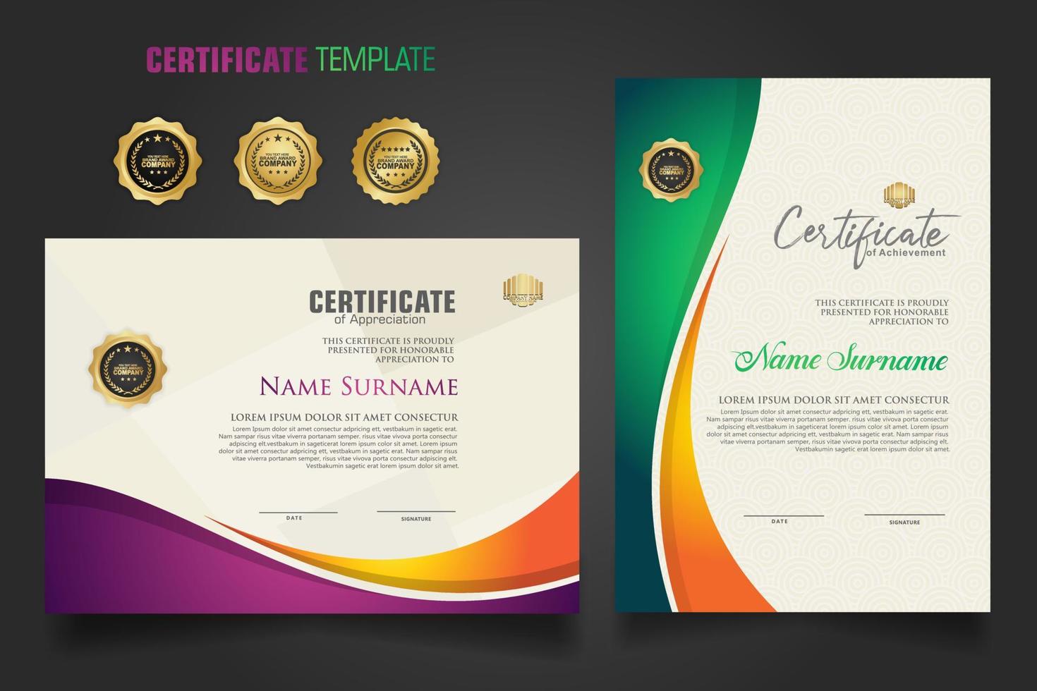 modern certificaat sjabloon met dynamisch kleurrijk golvend vorm Aan ornament patroon achtergrond vector