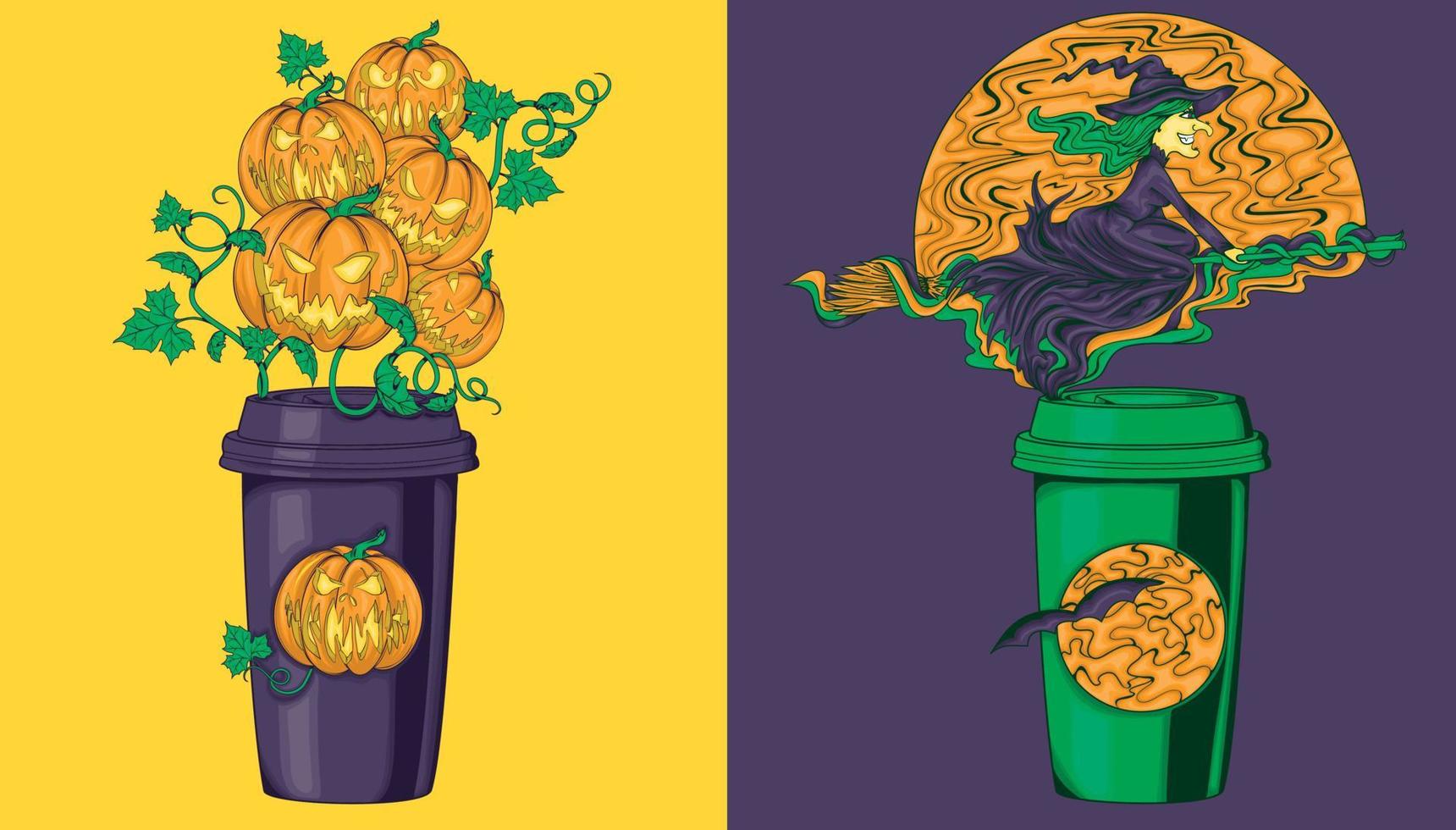 pompoen koffie. halloween koffie. reeks illustraties van een koffie cups met halloween gearomatiseerd. kleur illustratie. vector
