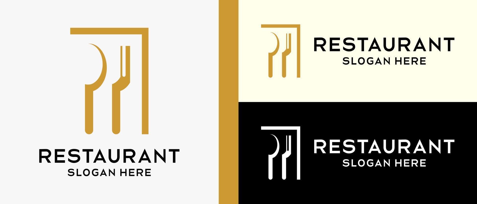 restaurant logo ontwerp sjabloon, lepel en vork met silhouet schaduw in doos. vector illustratie