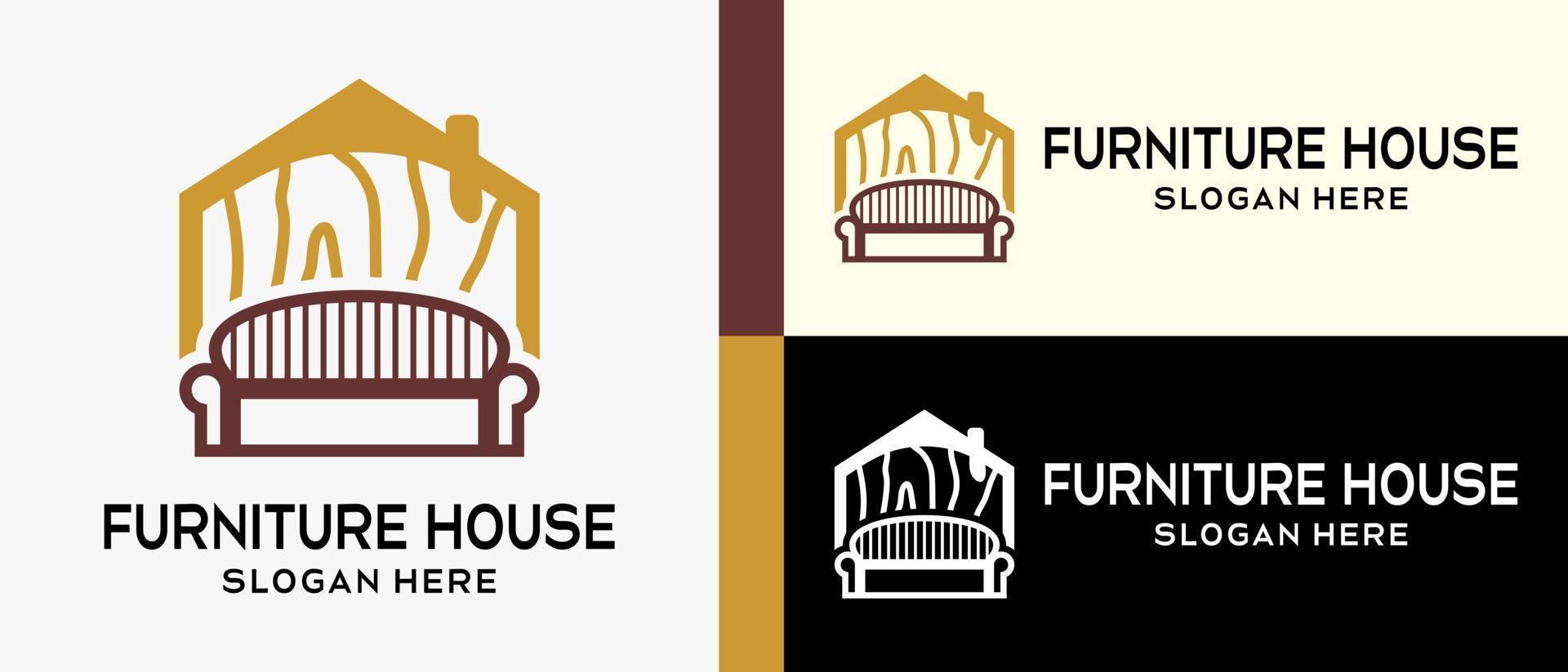 een meubilair of hout vakman logo ontwerp sjabloon, een huis icoon met een hout motief en een stoel met een lijn. creatief vector logo illustratie.