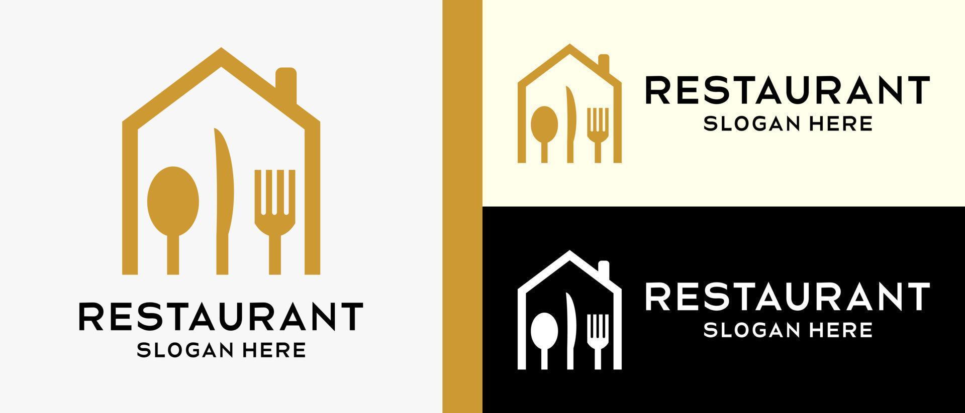 restaurant logo ontwerp sjabloon, lepel, mes en vork in een huis icoon. vector illustratie