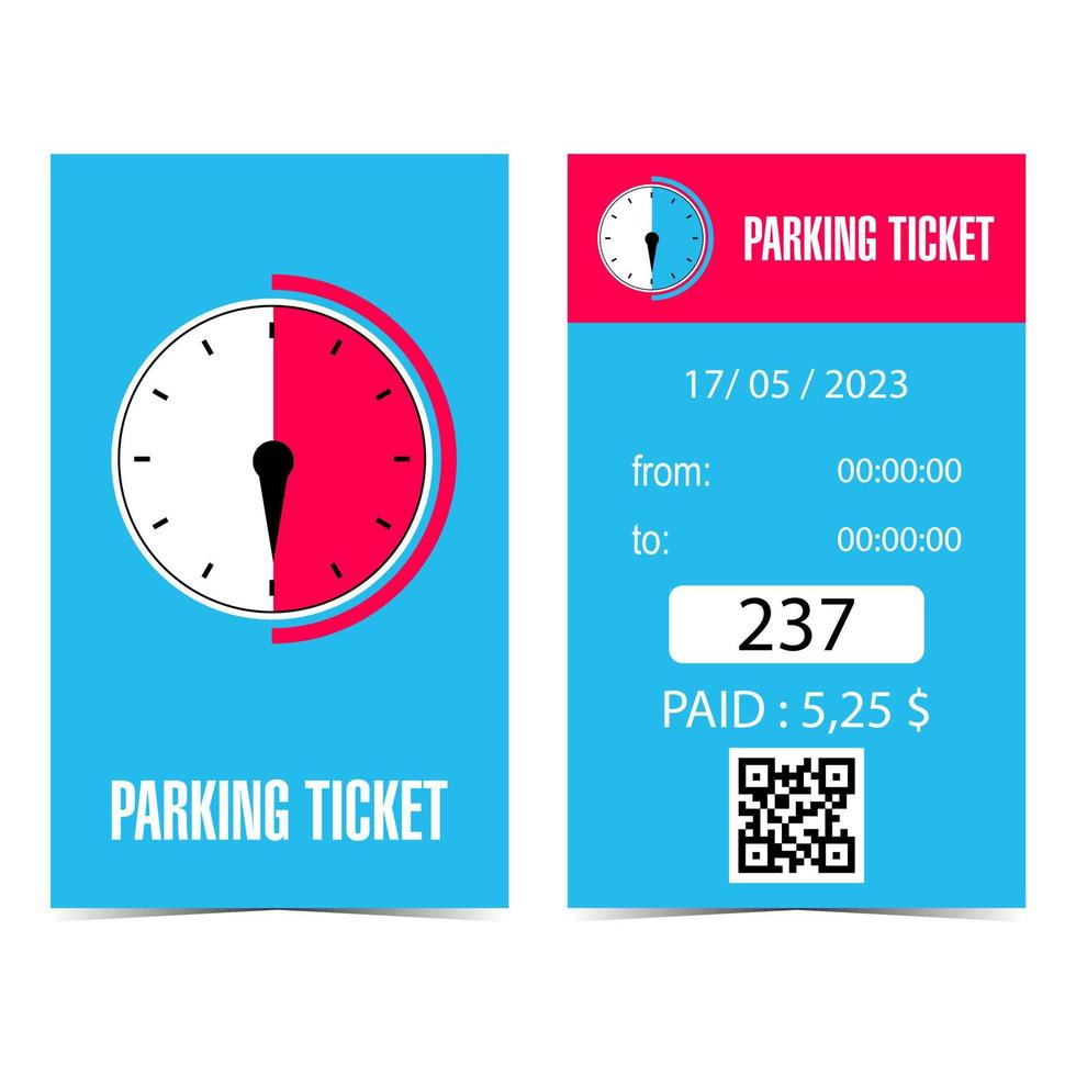 parkeren ticket, parkeren stopzetting of parkeren bon met countdown timer of chronometer icoon, qr code, datum, tijd, nummer, prijs en bedrag naar betalen. vector illustratie in vlak stijl.