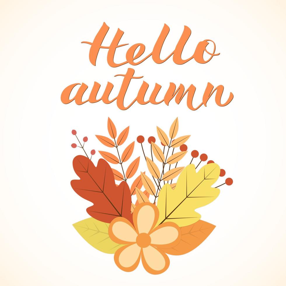 Hallo herfst geschreven met borstel. schoonschrift handgeschreven belettering. bundel met kleurrijk bladeren en bloemen.vector sjabloon voor t-short, mokken, spandoeken, kaarten, websites, enz. vector