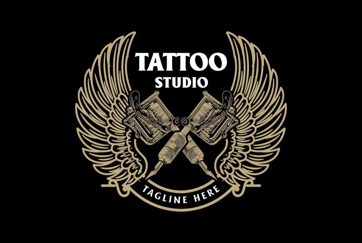 wijnoogst retro gekruiste inkt tatoeëren machine Vleugels insigne embleem etiket logo ontwerp vector